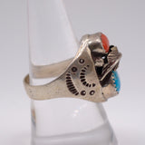 Vintage Sterling Turquoise and Coral Feather Ring 9.25