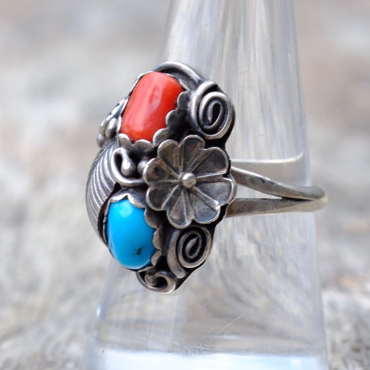 Vintage Sterling Silver Coral & Turquoise Flower Leaf Ring 8.5