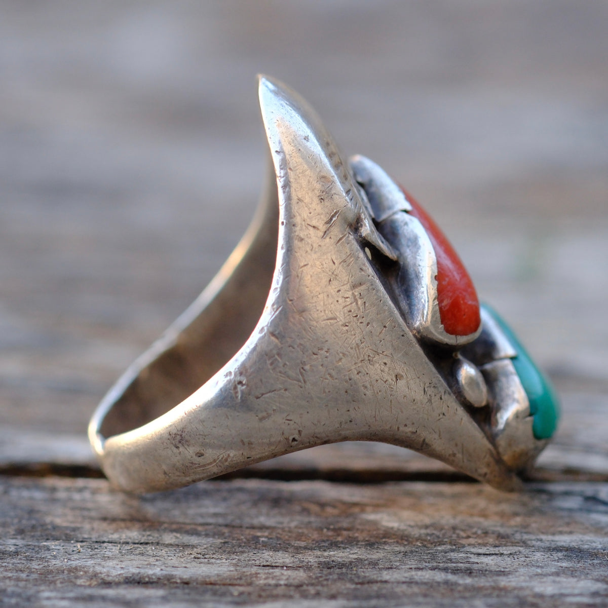 Vintage Sterling Turquoise and Coral Ring 10