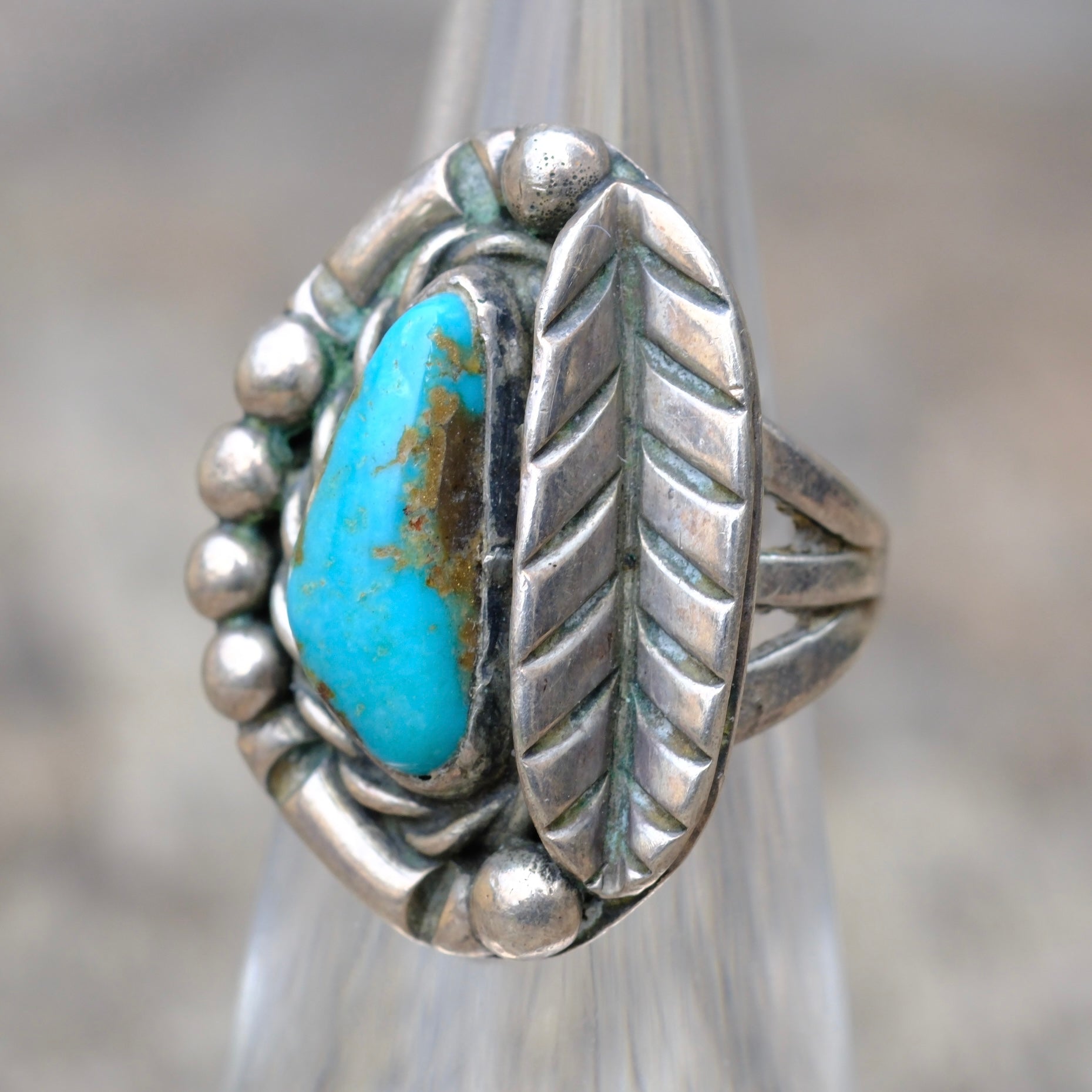 Vintage Sterling Turquoise Feather Ring 5.25