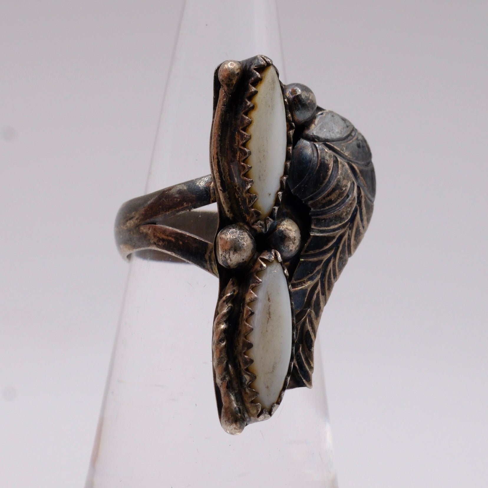 Vintage Sterling 2-Stone Mother Of Pearl Ring 3.25