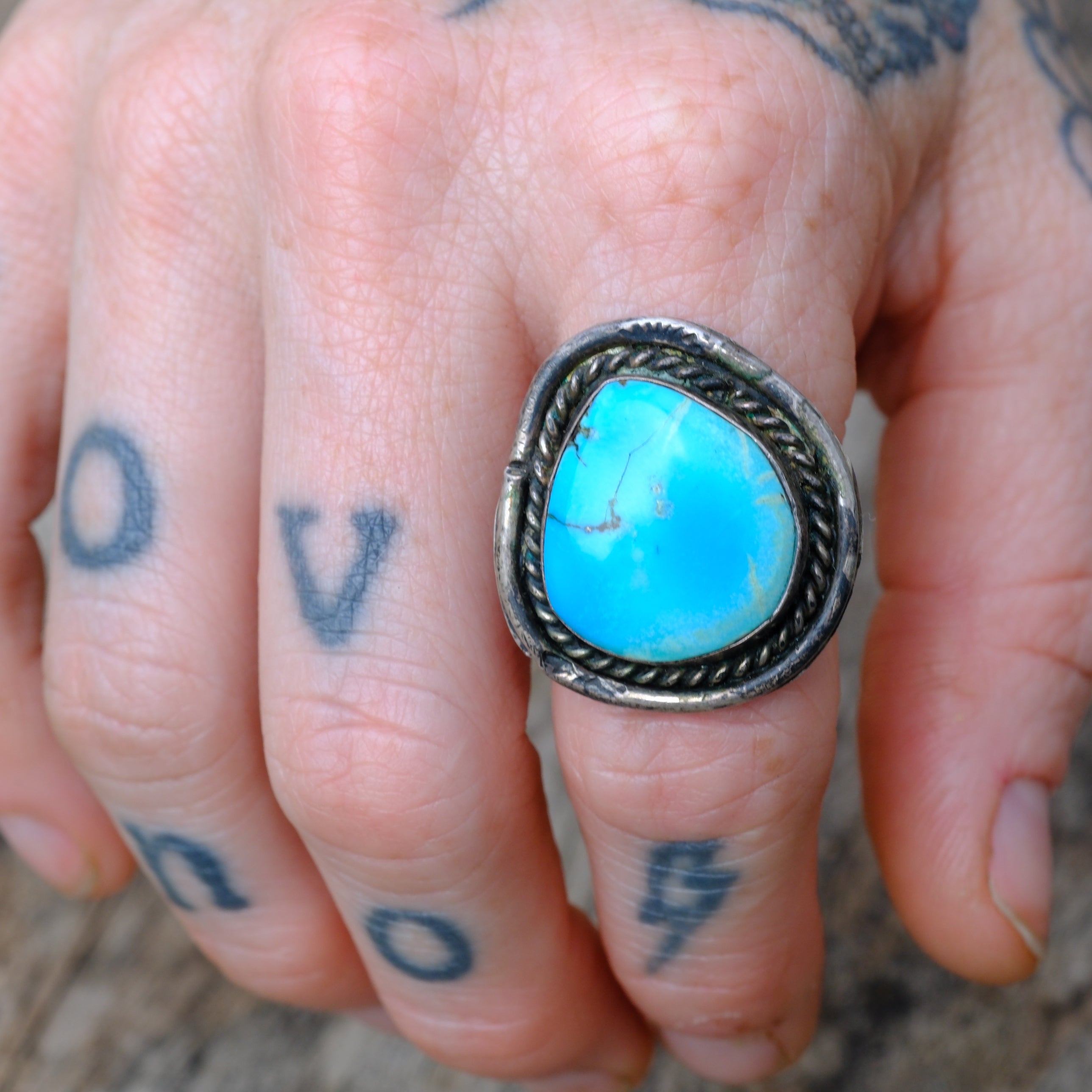 Vintage Sterling Turquoise Roper Ring 6.5