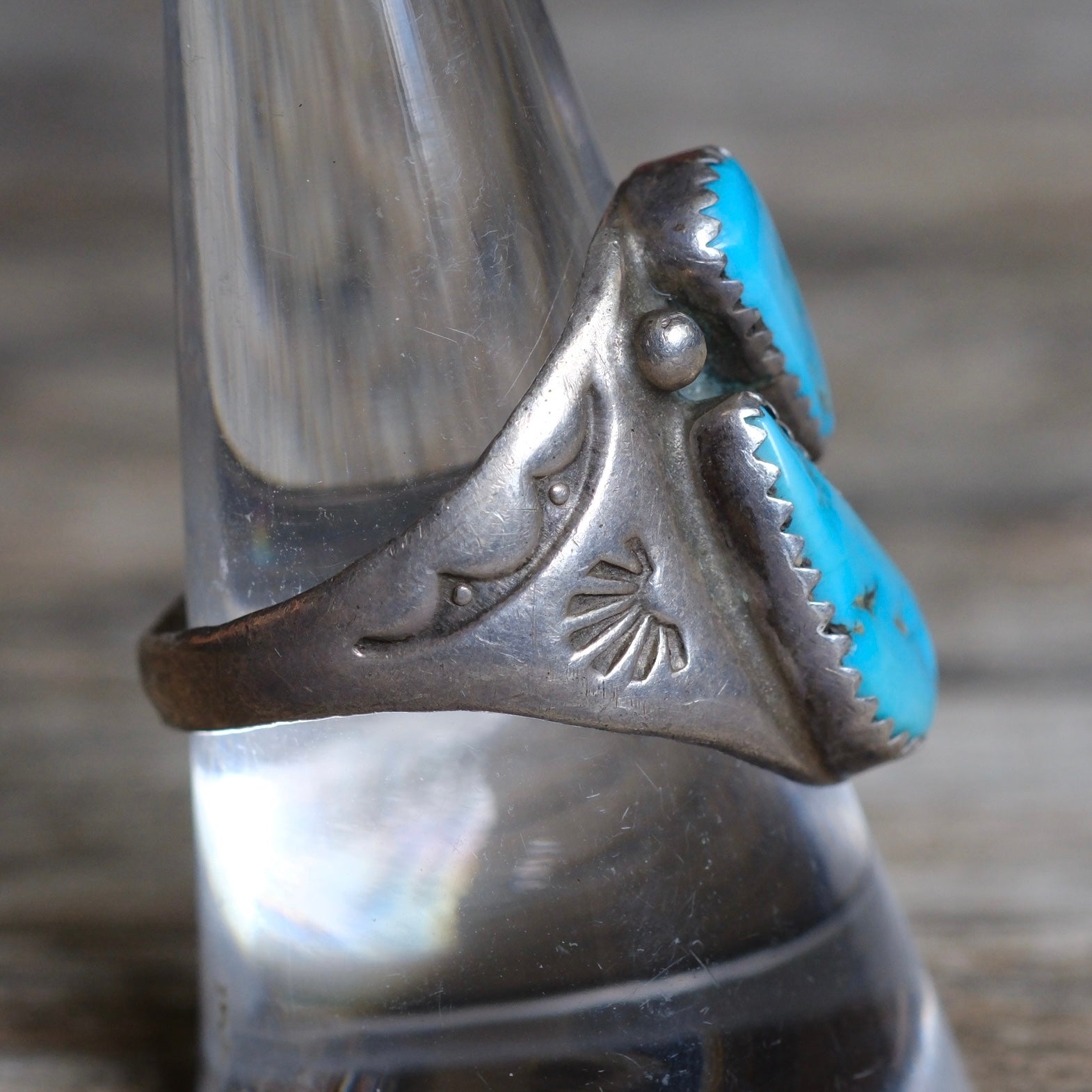 Vintage Sterling 2-Stone Turquoise Stamped Band Ring 9.25