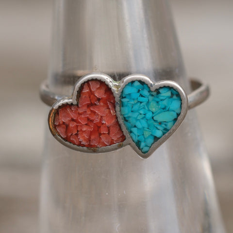 Vintage Sterling Turquoise and Coral Heart Ring 5.5