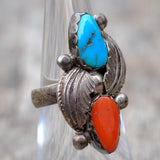 Vintage Sterling Turquoise and Coral Feather Ring 5.75