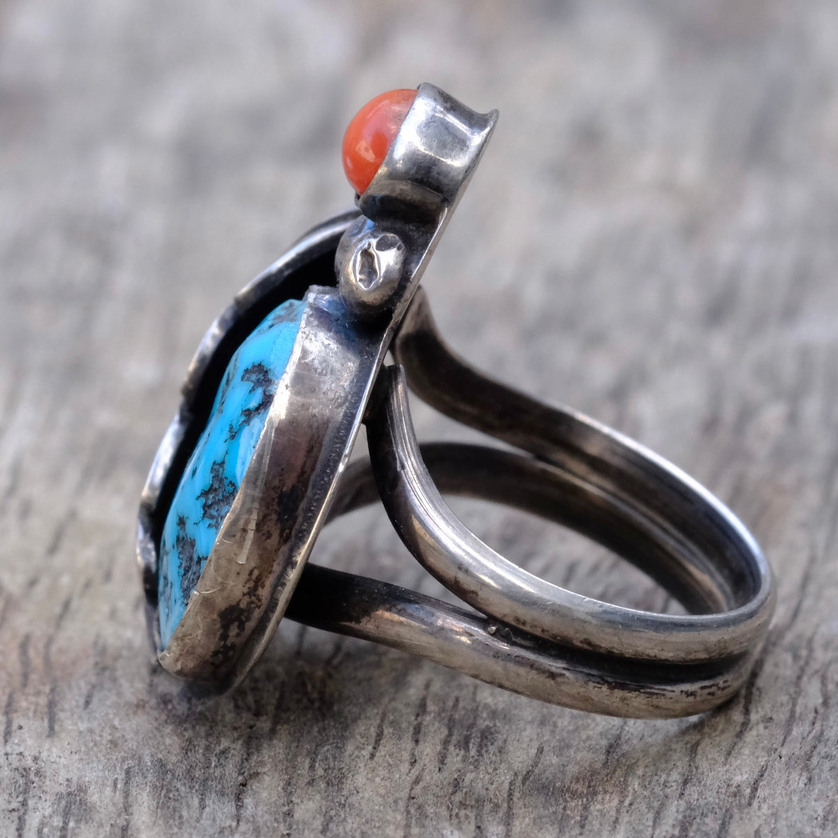 Vintage Sterling Turquoise and Coral Feather Ring 7