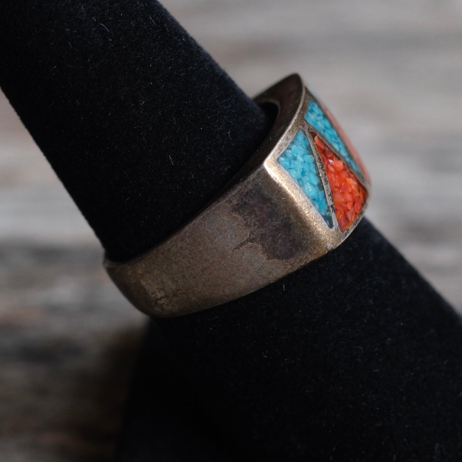 Vintage Sterling Turquoise and Coral Inlay Ring 7