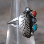 Vintage Sterling Turquoise and Coral Feather Ring 6.5