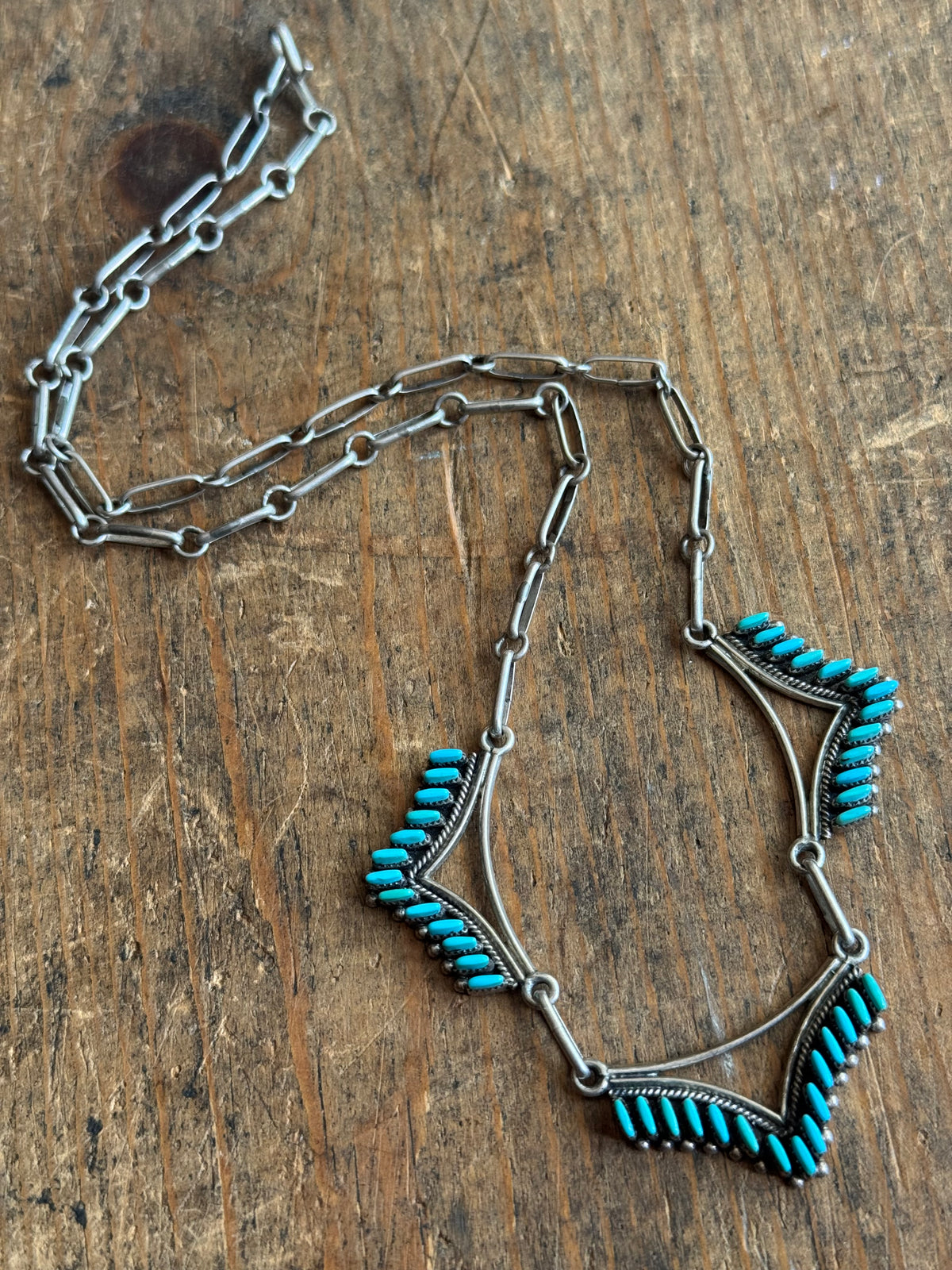 Vintage Sterling Silver Petit Point Turquoise Shield Necklace