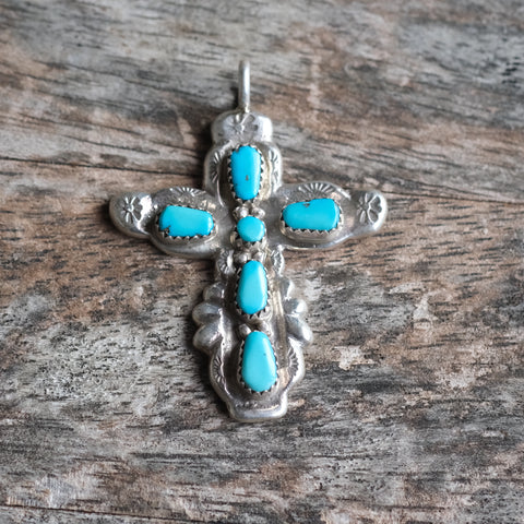 Vintage Sterling 7-Stone Turquoise Cross Necklace&nbsp;
