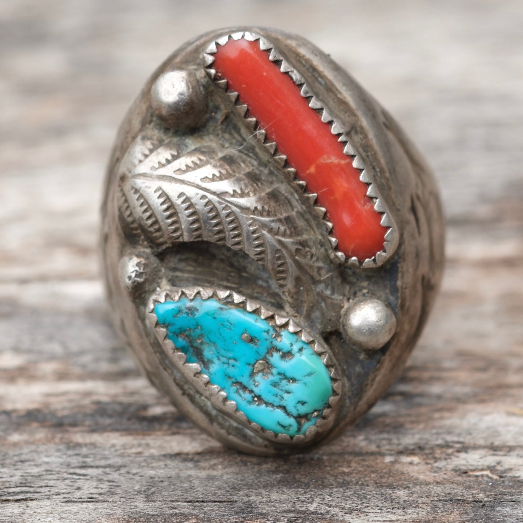 Vintage Sterling Turquoise and Coral Feather Ring 11