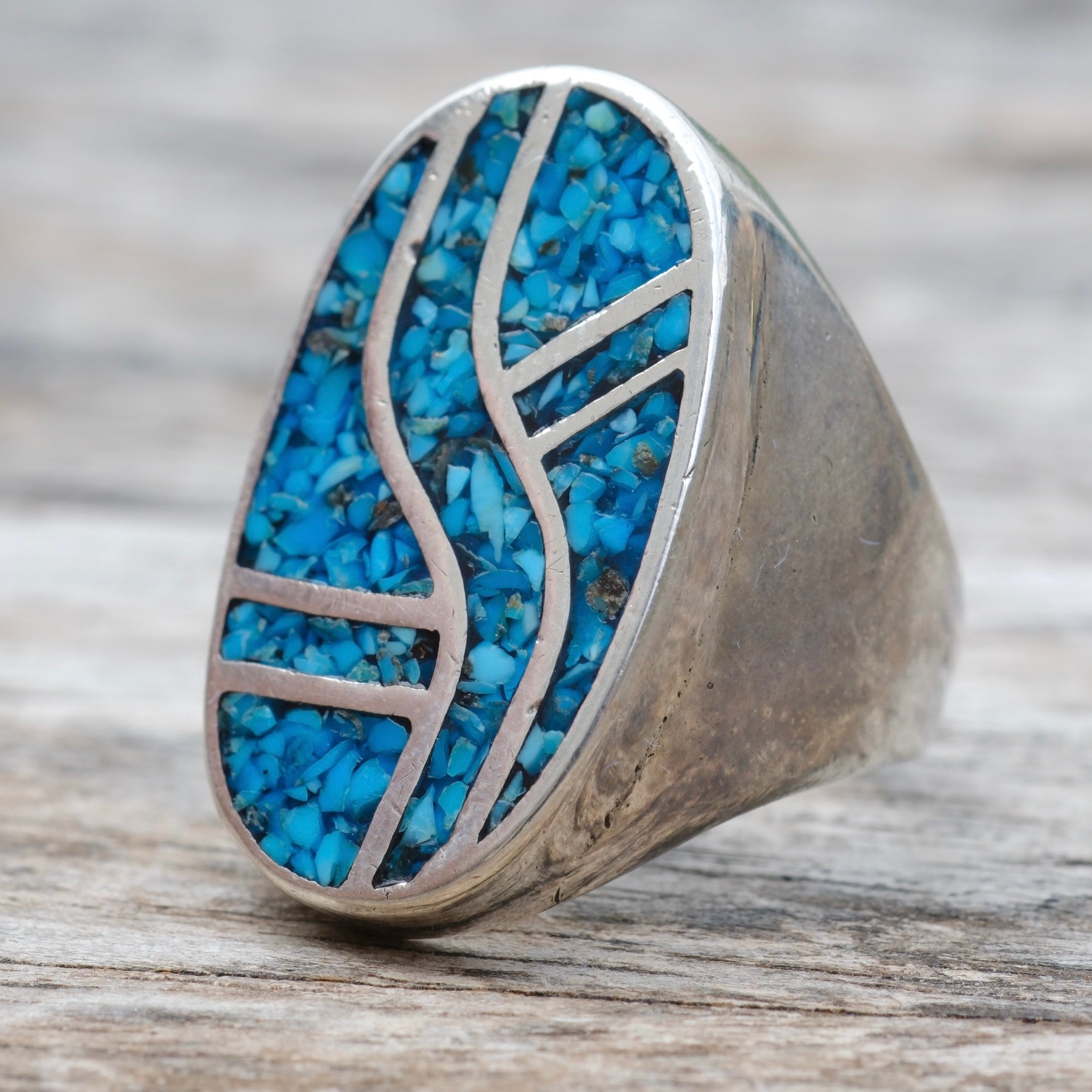 Vintage Sterling Crushed Turquoise Inlay Ring 8.75