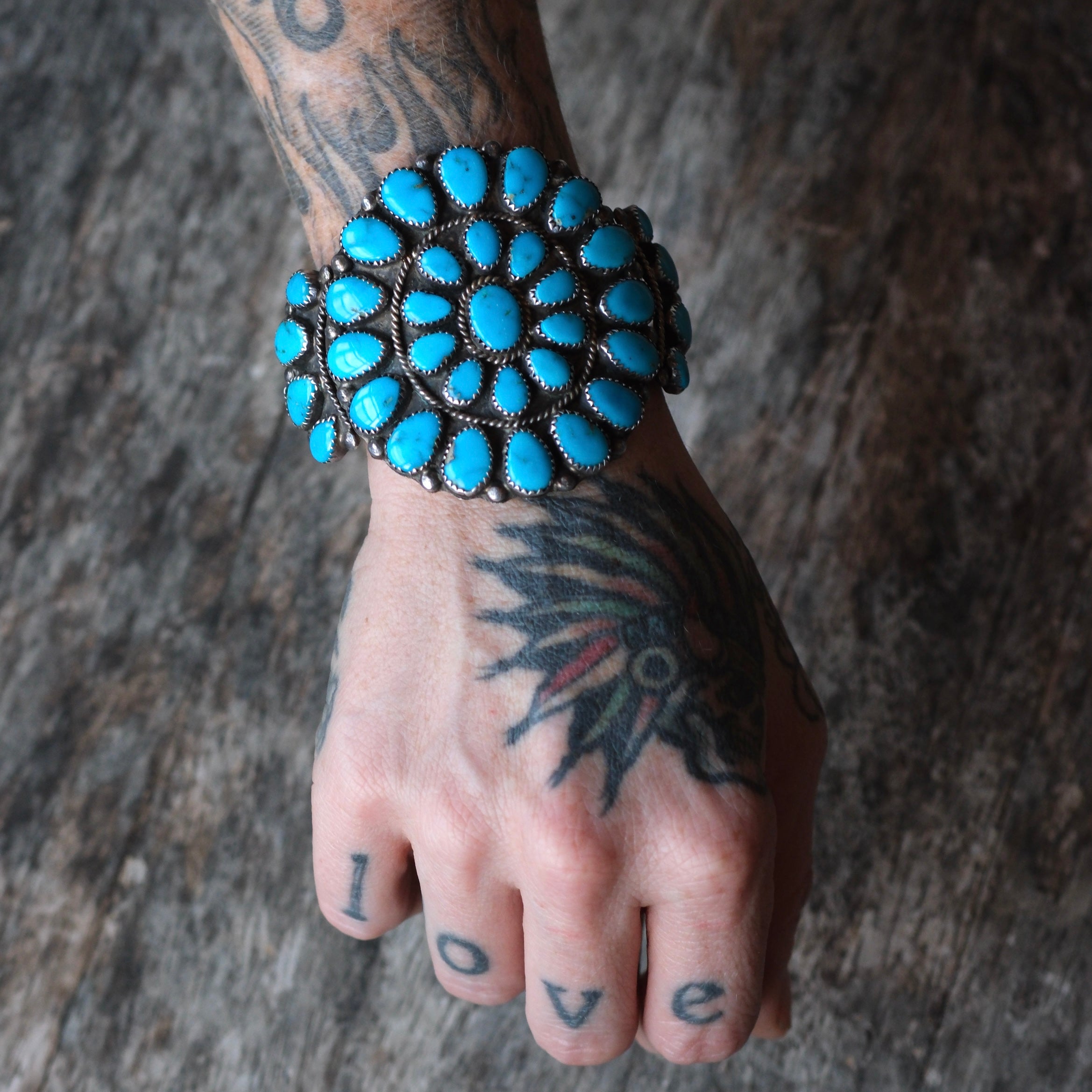 Incredible Vintage Sterling Turquoise Cluster Cuff