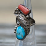 Vintage Sterling Turquoise and Coral Feather Ring 4.5