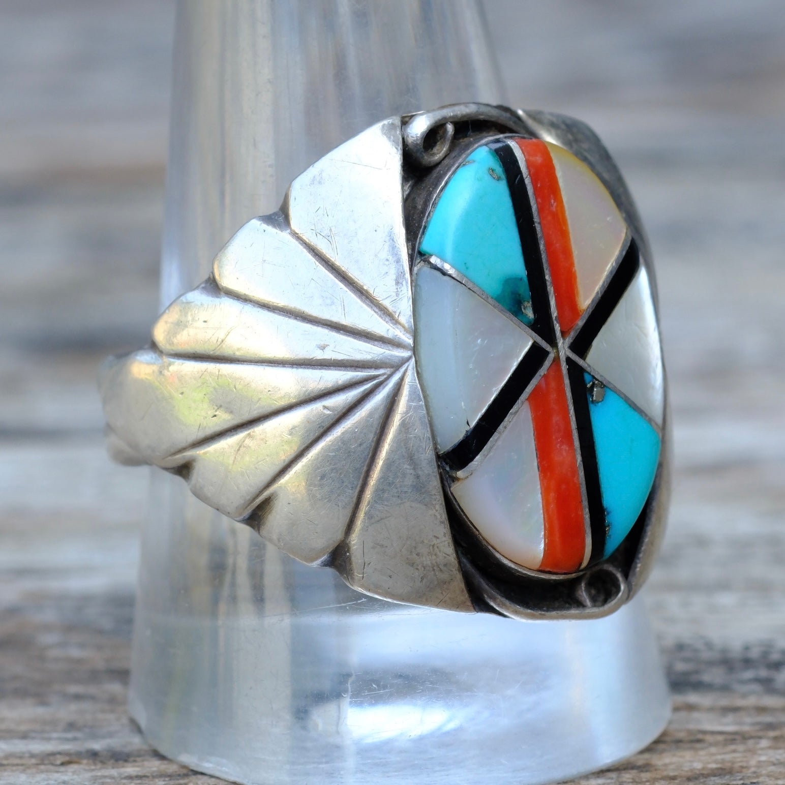 Vintage Sterling Zuni Inlay Ring 11.75