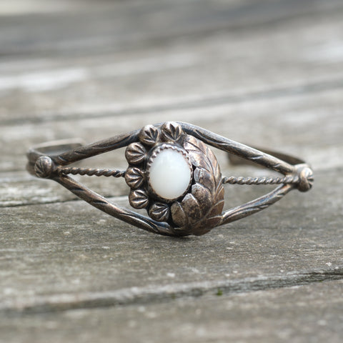 Vintage Sterling Mother Of Pearl Feather Cuff