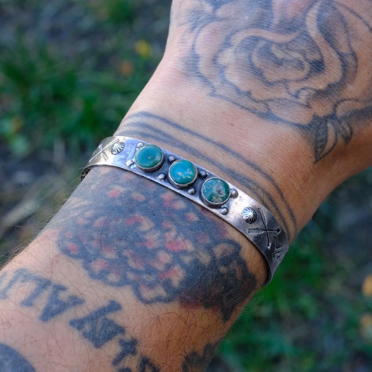 Vintage Sterling 3-Stone Turquoise Stamped Cuff Bracelet