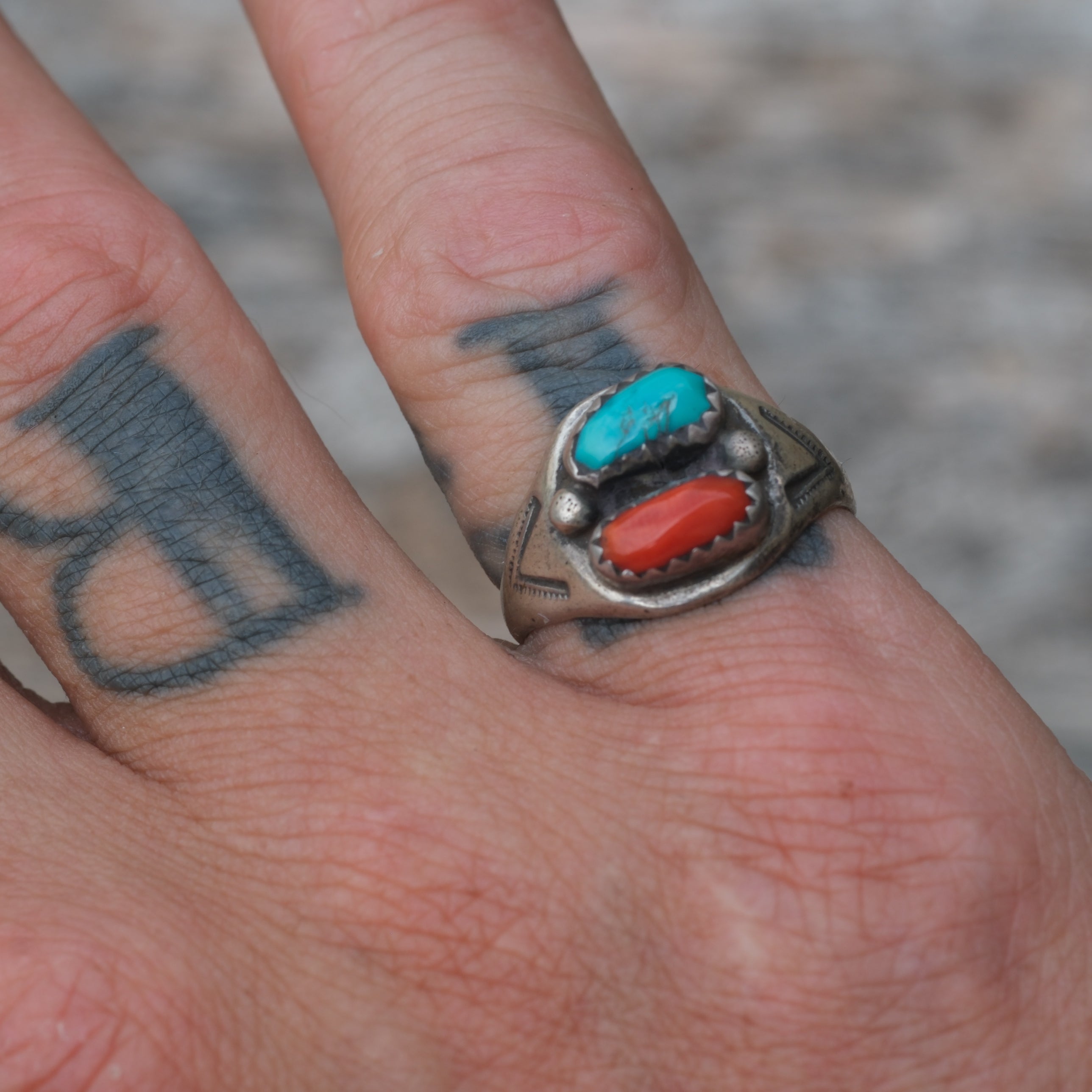 Vintage Sterling Turquoise and Coral Ring 6.25