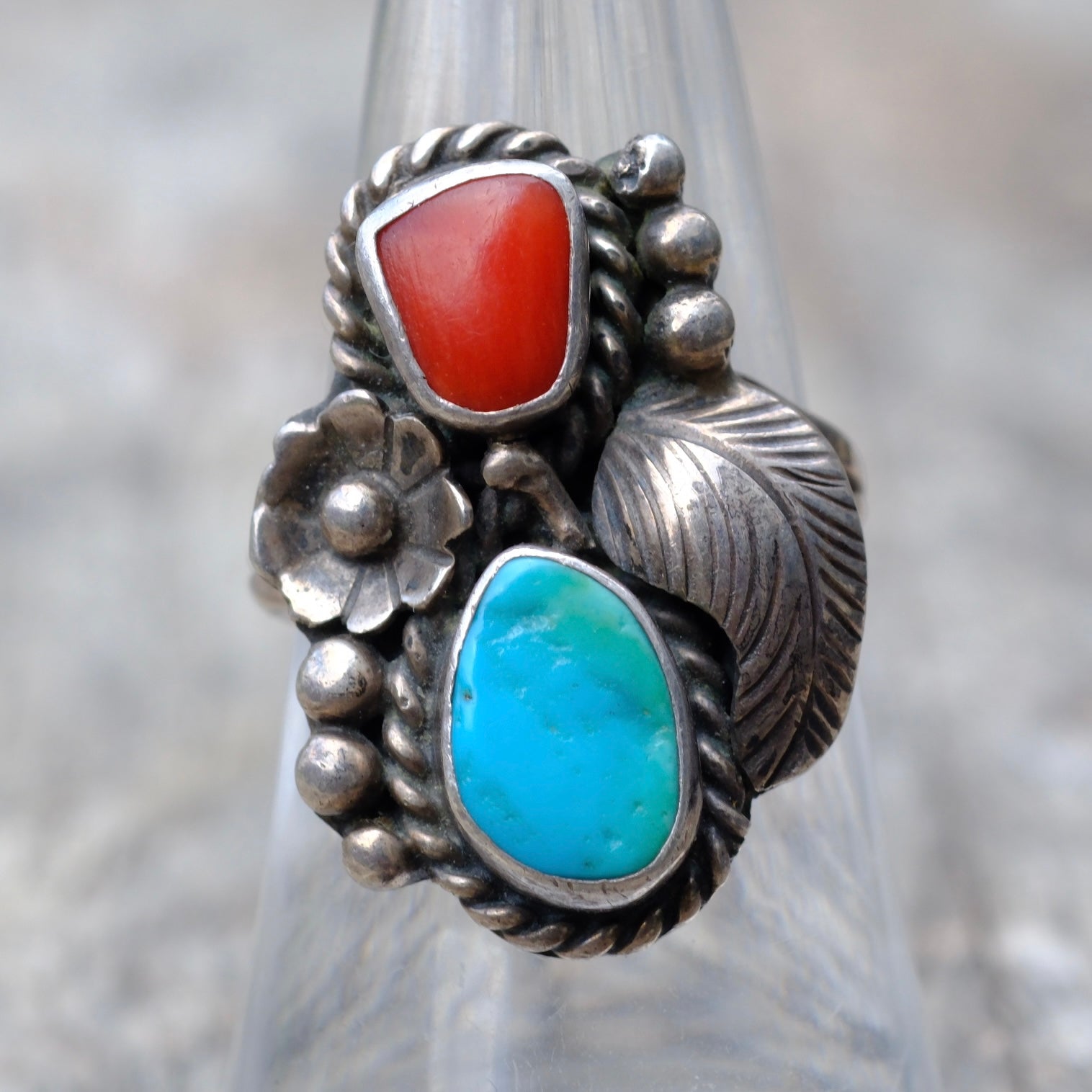 Vintage Sterling Silver Turquoise & Coral Feather Flower Ring 7