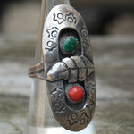 Vintage Sterling Turquoise and Coral Feather  Shadowbox Ring 7.5