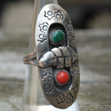 Vintage Sterling Turquoise and Coral Feather  Shadowbox Ring 7.5