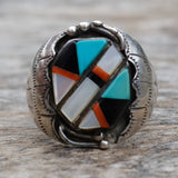 Vintage Sterling Zuni Inlay Stamped Band Ring 11