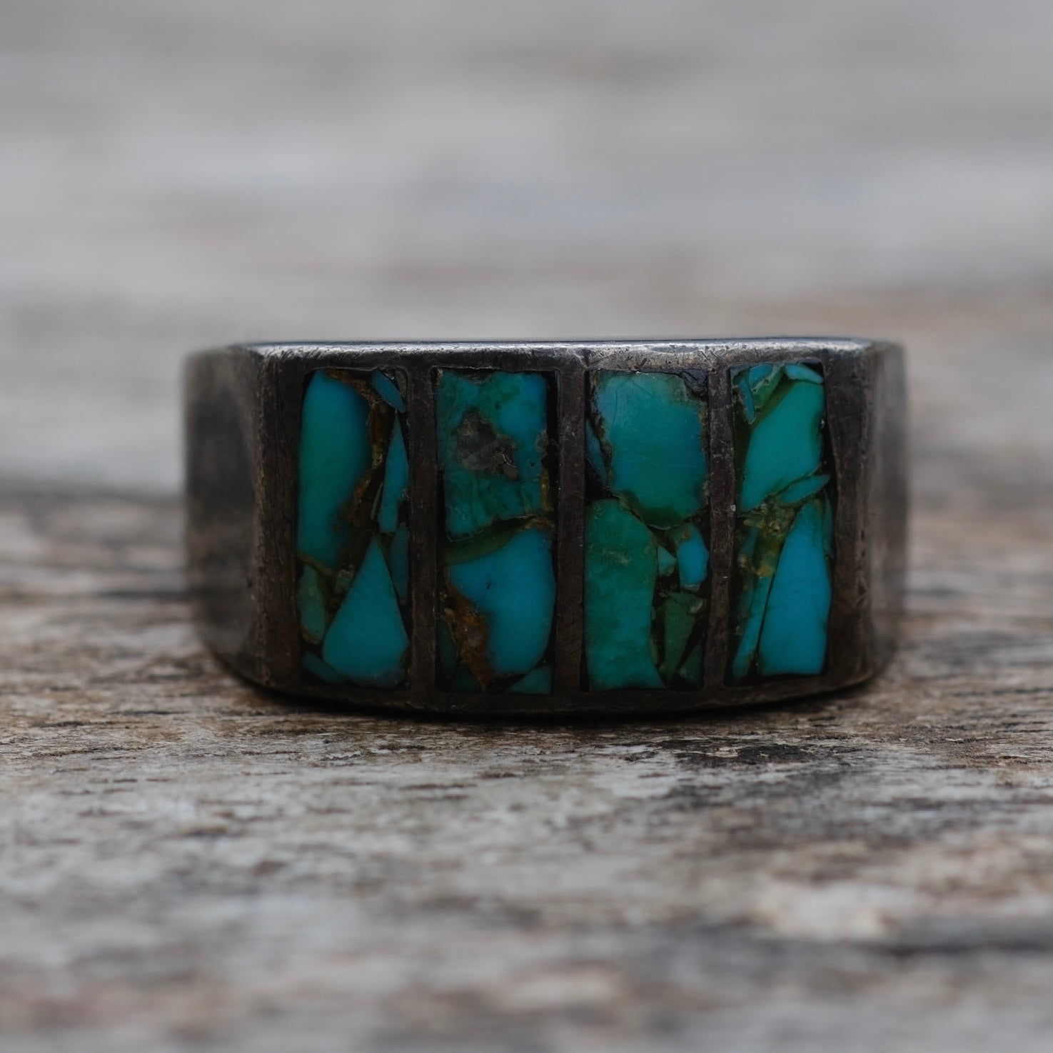 Vintage Sterling Turquoise Inlay Ring 8.25