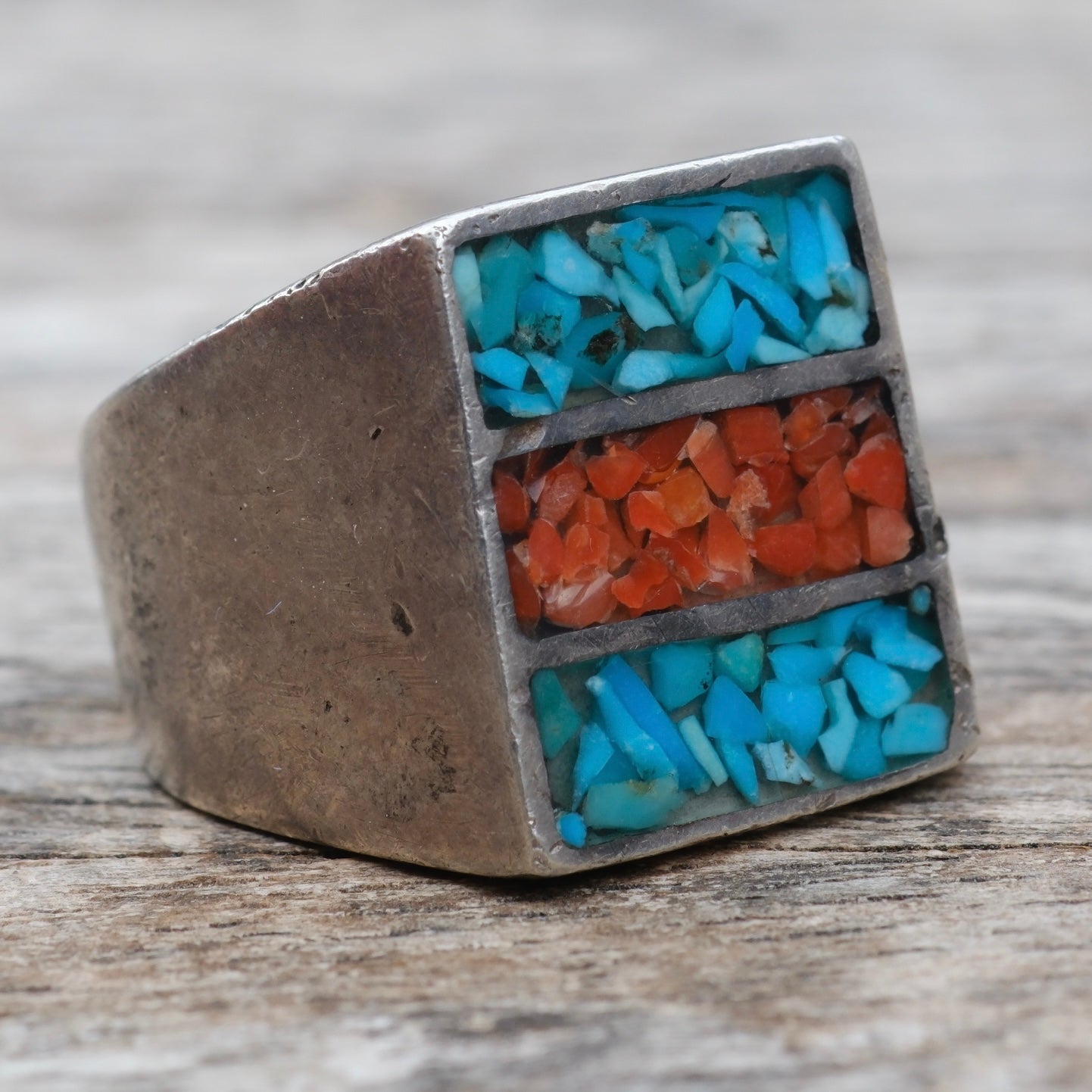 Vintage Sterling Crushed Turquoise and Coral Inlay Ring 7.75