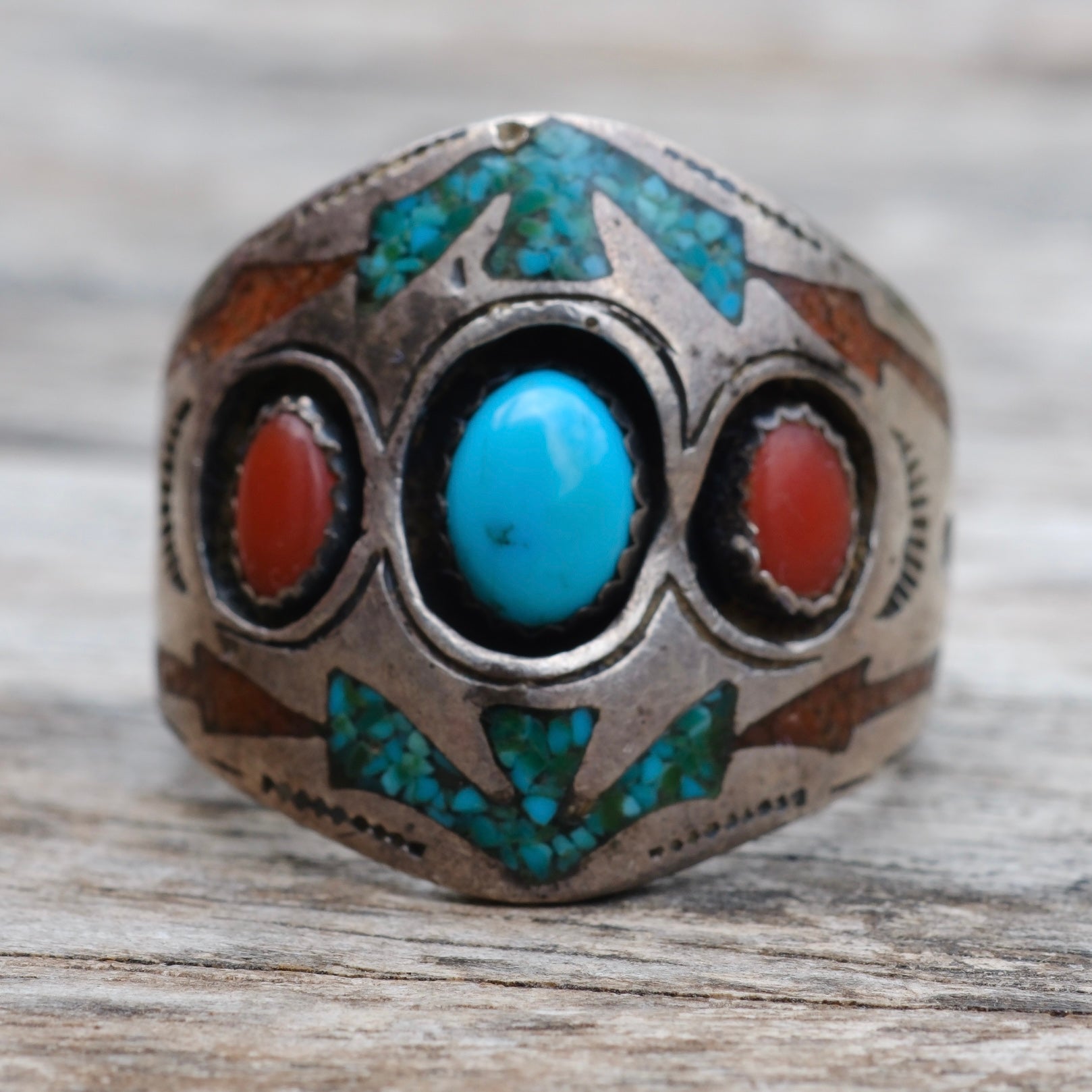Vintage Sterling Turquoise and Coral Inlay Ring 10.5