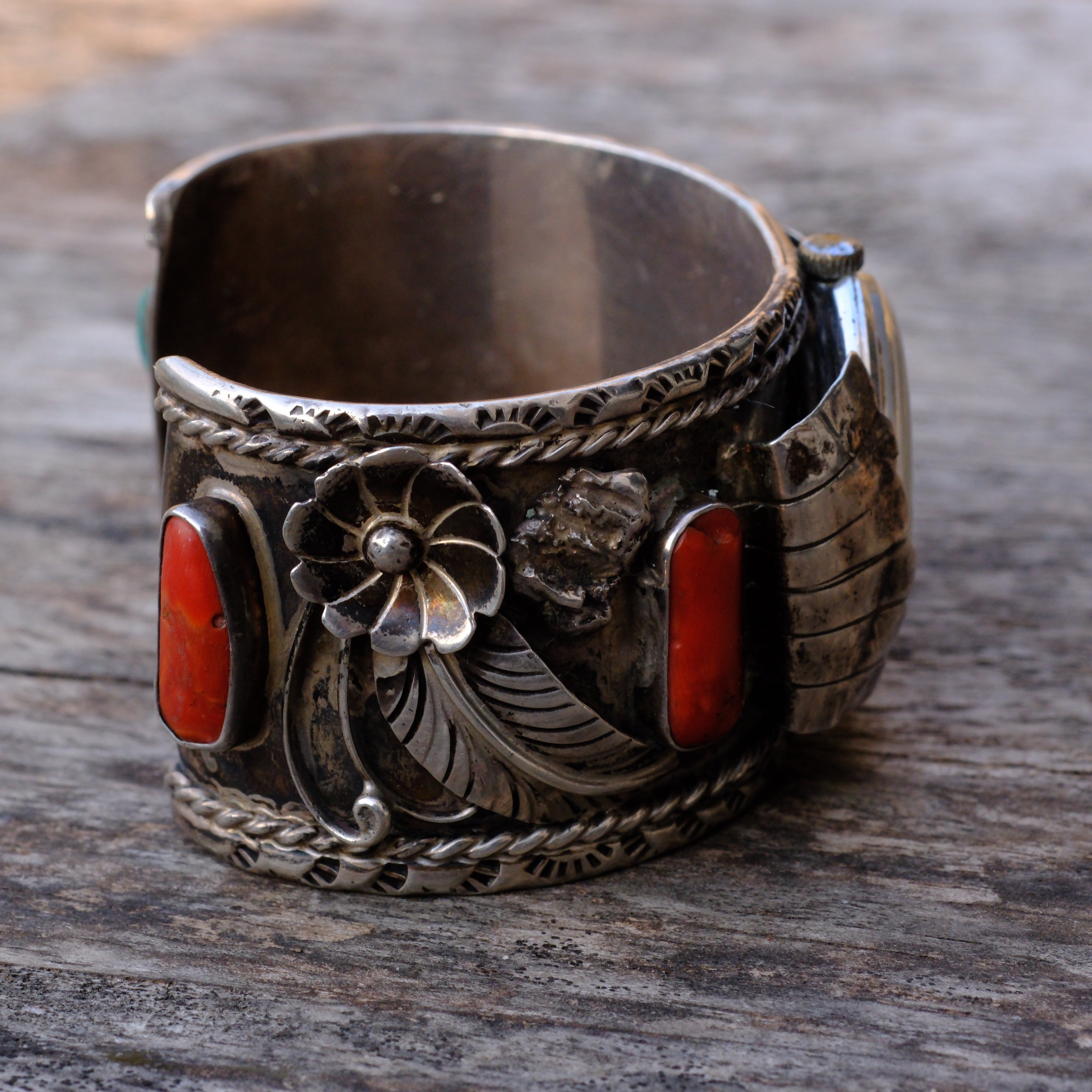Heavy Vintage Sterling Turquoise and Coral  Cuff Watch Cuff Bracelet