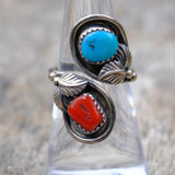 Vintage Sterling Turquoise and Coral Feather Overpass Ring 5.75