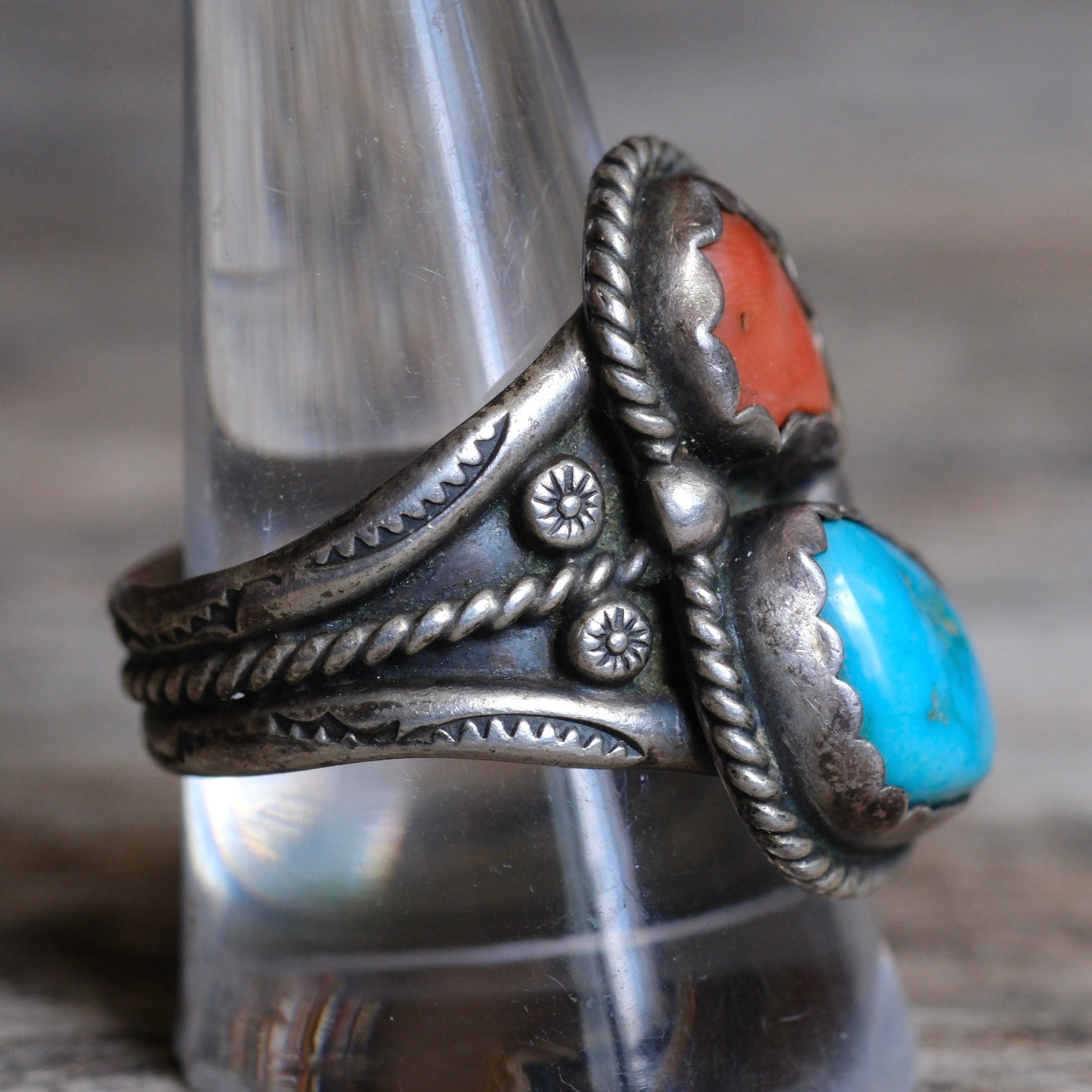 Vintage Sterling Turquoise and Coral Roper Ring 10.75