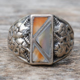 Vintage Sterling Mother Of Pearl and Spiny Oyster Inlay Floral Ring 9.5