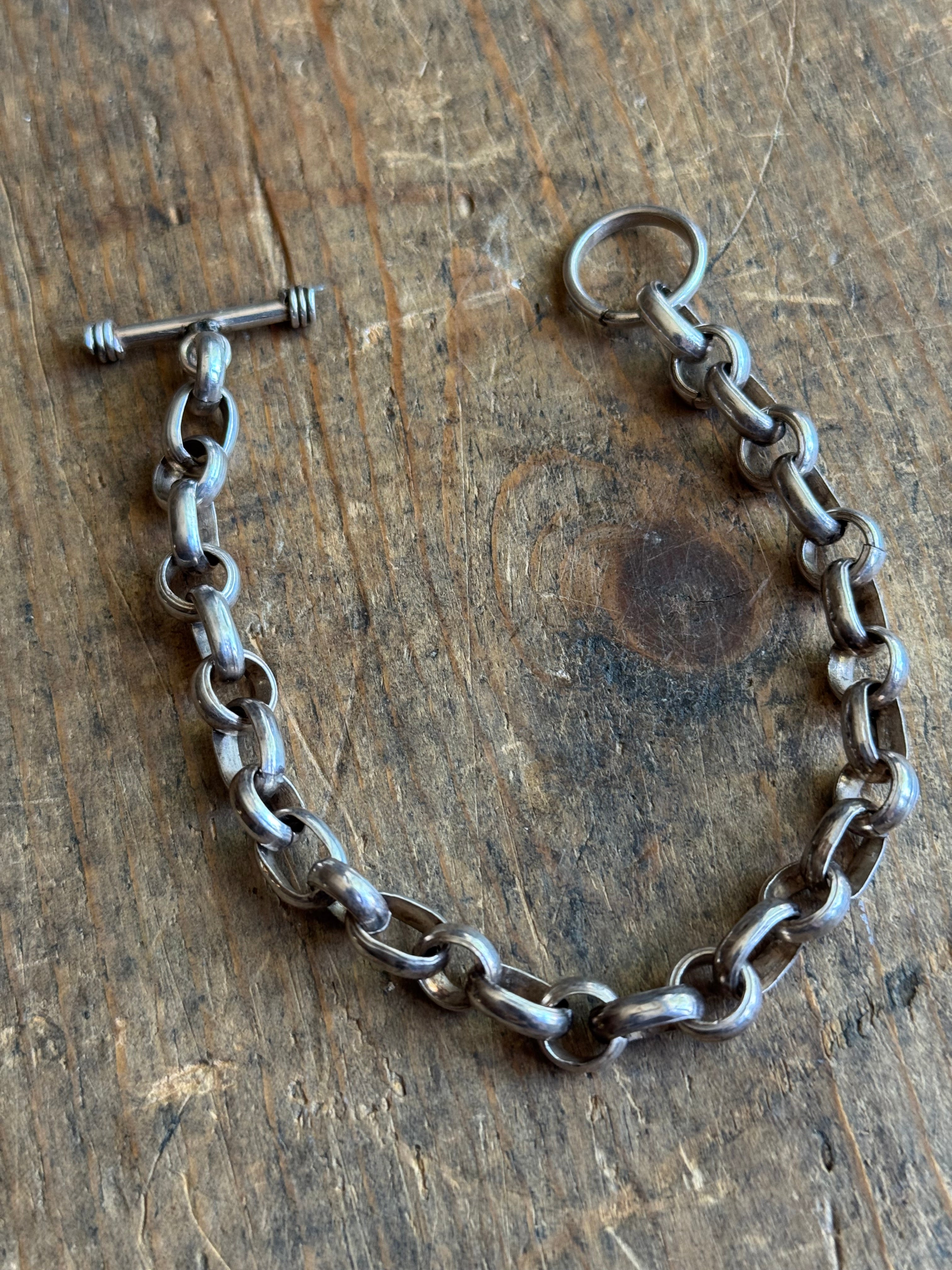 Vintage Sterling Silver Oval & Rolo Chain Toggle Bracelet 8"