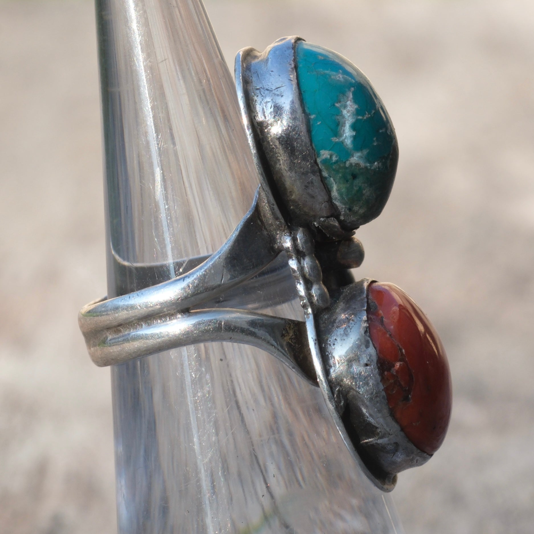 Vintage Sterling Turquoise and Coral Ring 3.5