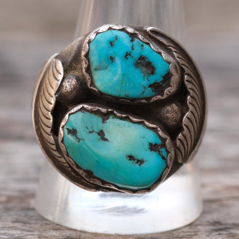 Vintage Sterling 2-Stone Turquoise Feather Ring 12.75
