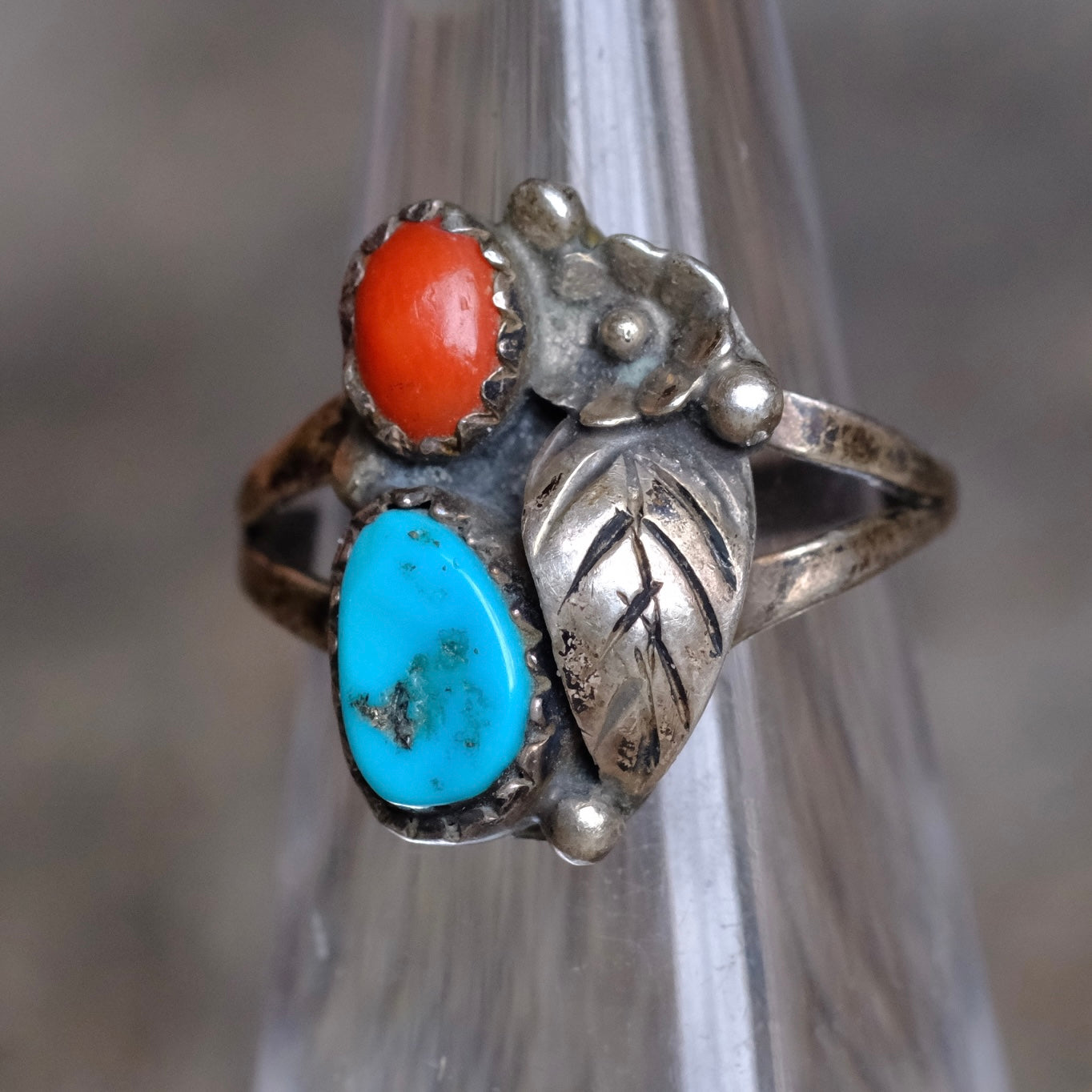 Vintage Sterling Turquoise and Coral Feather Ring 4.75
