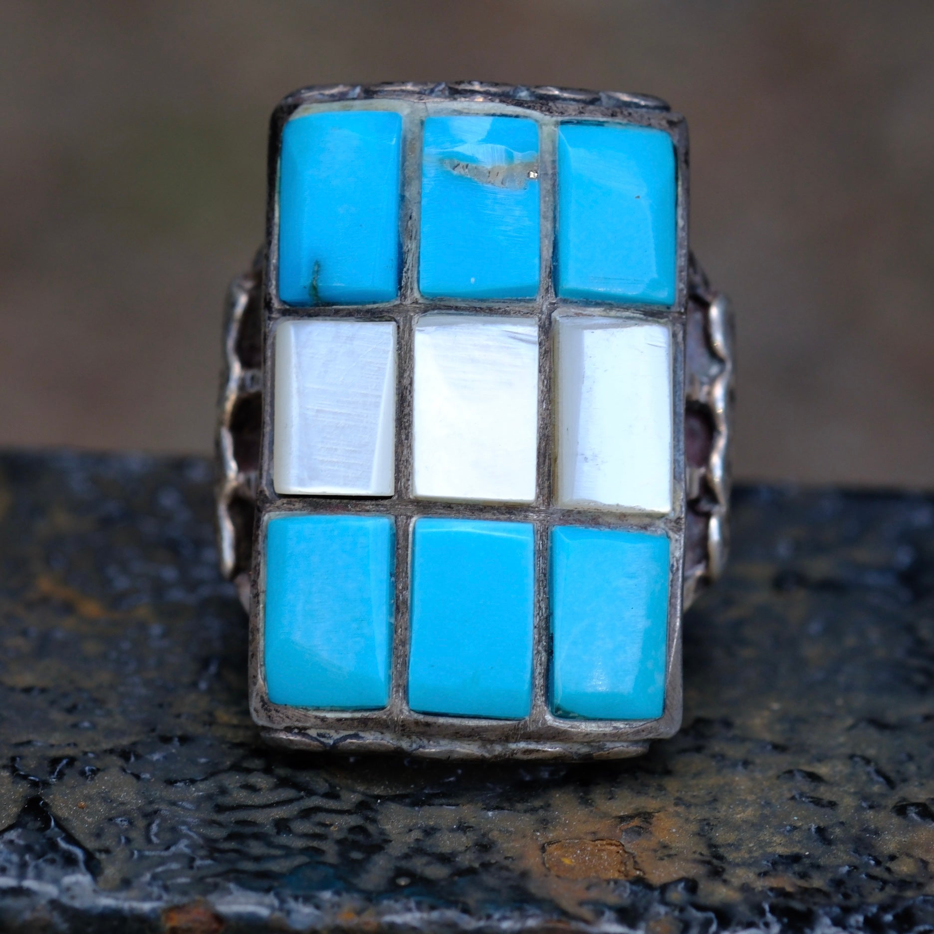 Vintage Sterling Turquoise and Mother Of Pearl Inlay Ring 5.5