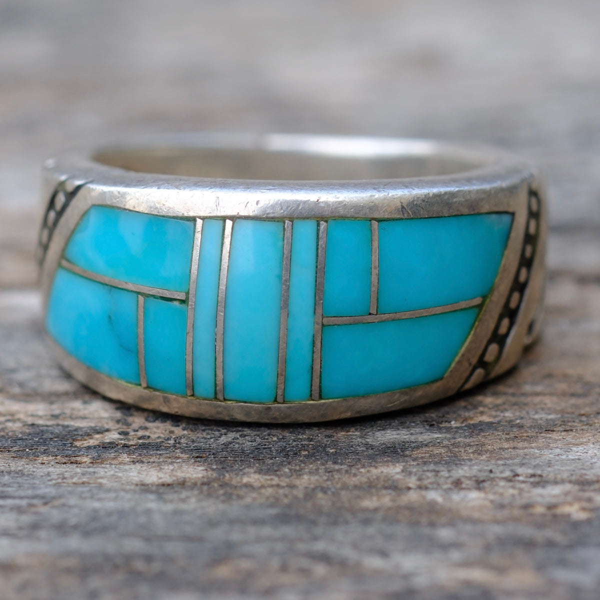 Vintage Sterling Turquoise Inlay Band Ring 9