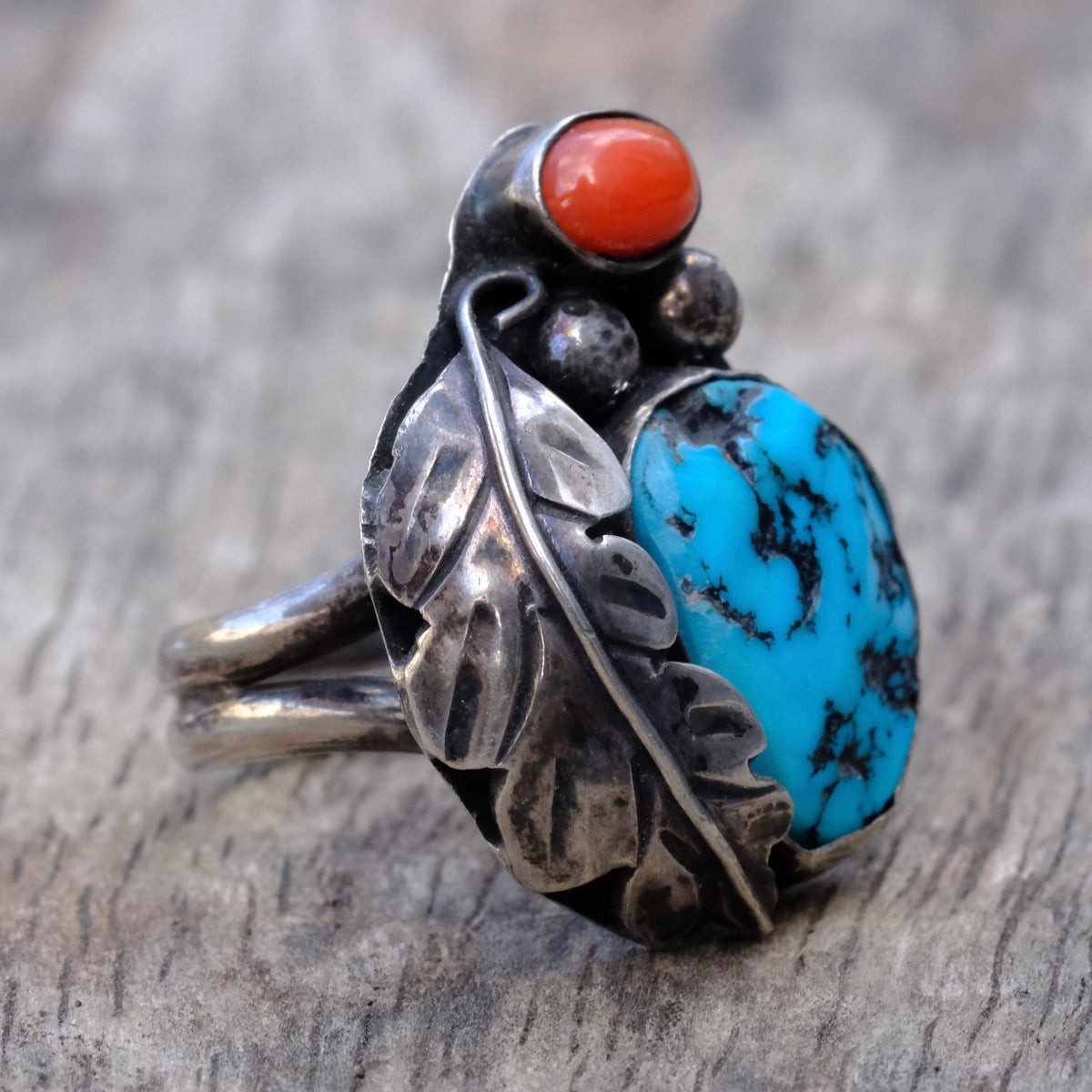 Vintage Sterling Turquoise and Coral Feather Ring 7