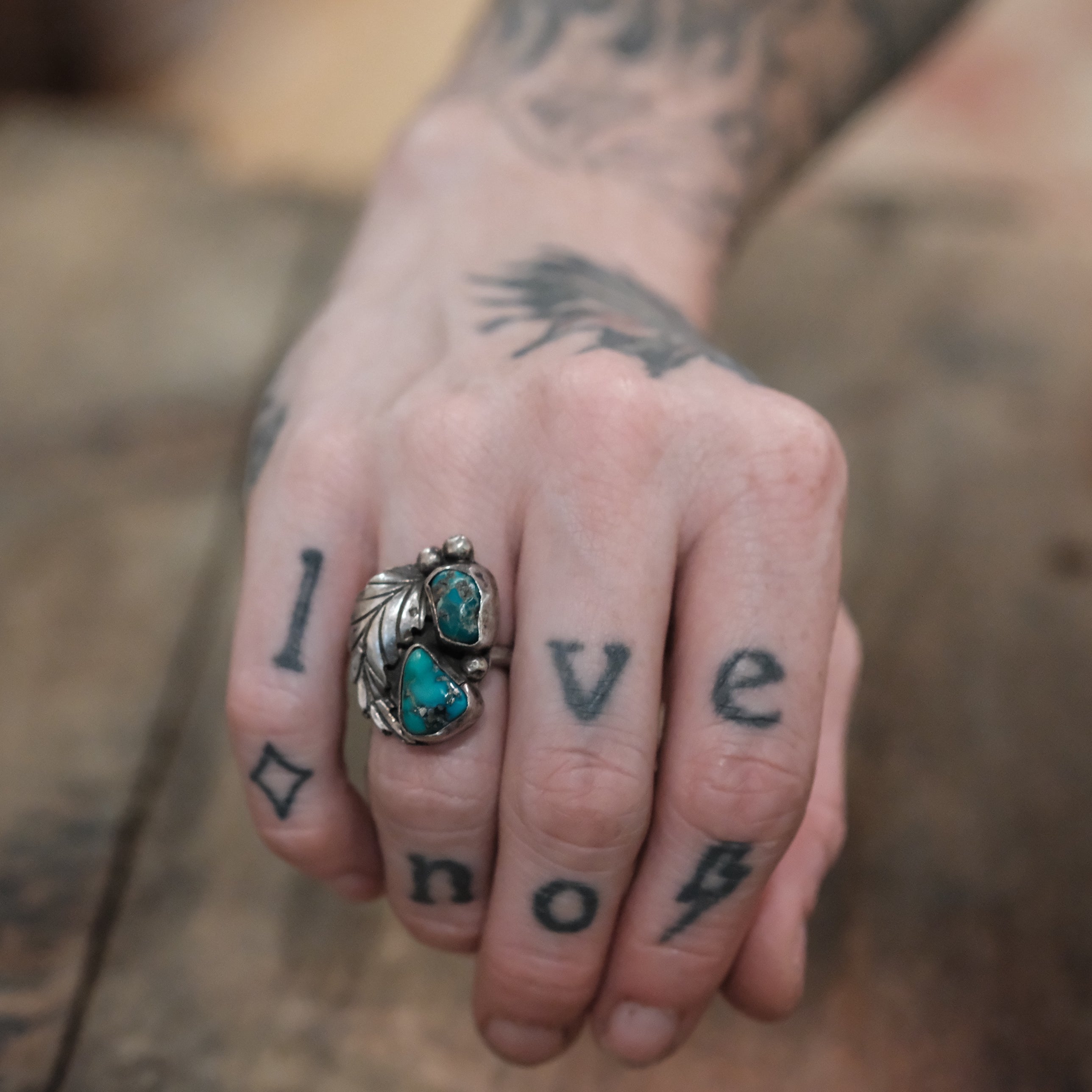 Vintage Sterling 2-Stone Turquoise Feather Ring 5.5