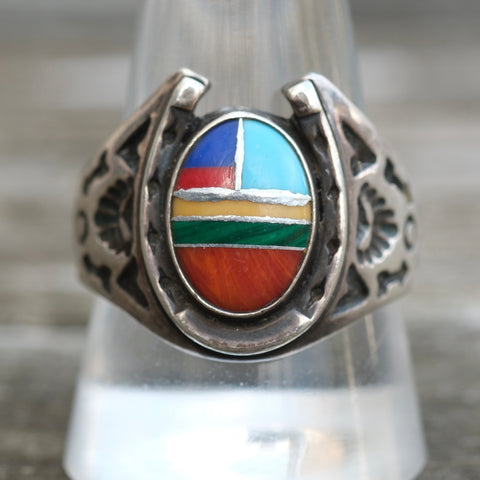 Vintage Sterling Multistone Inlay Horseshoe Ring 11.5