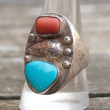 Vintage Sterling Turquoise and Coral Feather Ring 10.25