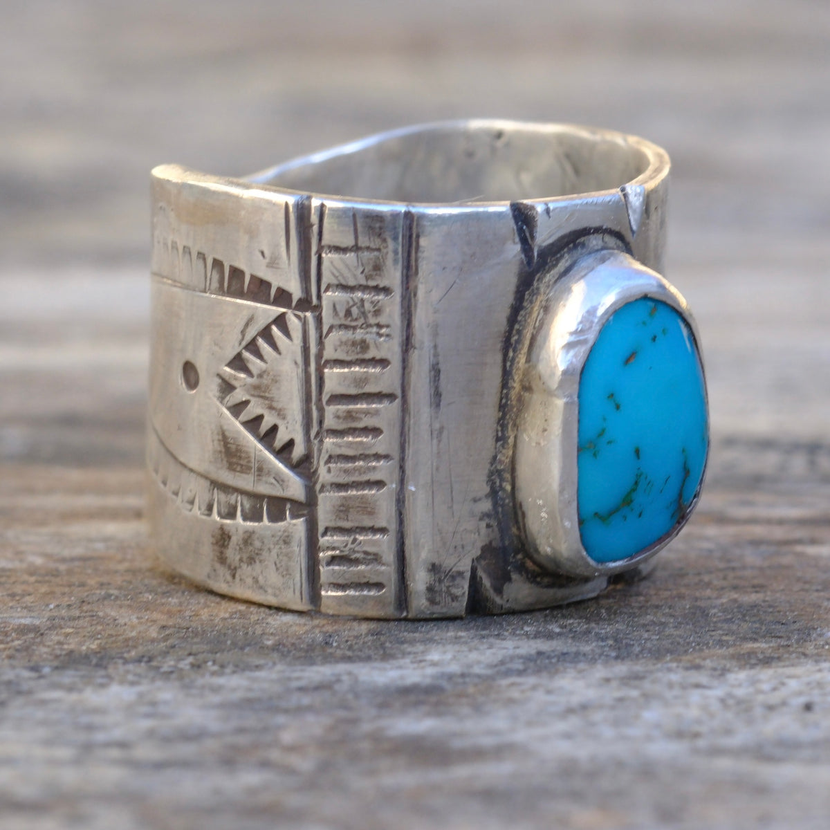 Sterling Silver Pilot Mountain Turquoise Stamped Ring 8.25