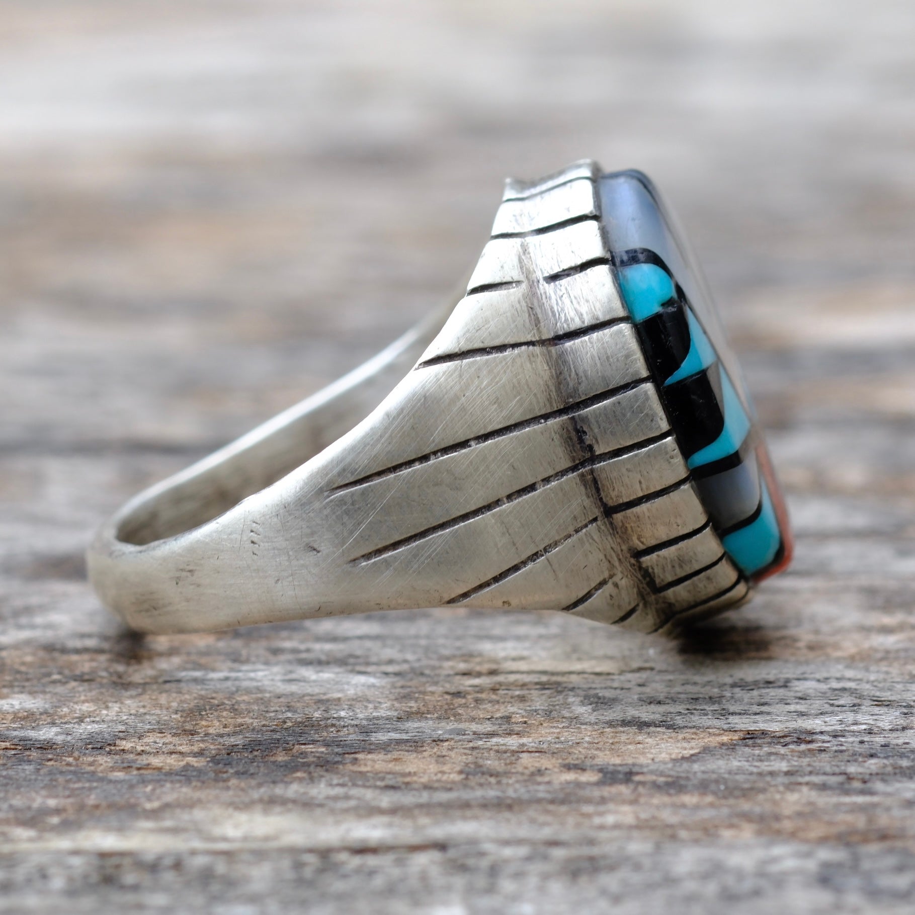 Vintage Sterling Zuni Inlay Ring 10.75