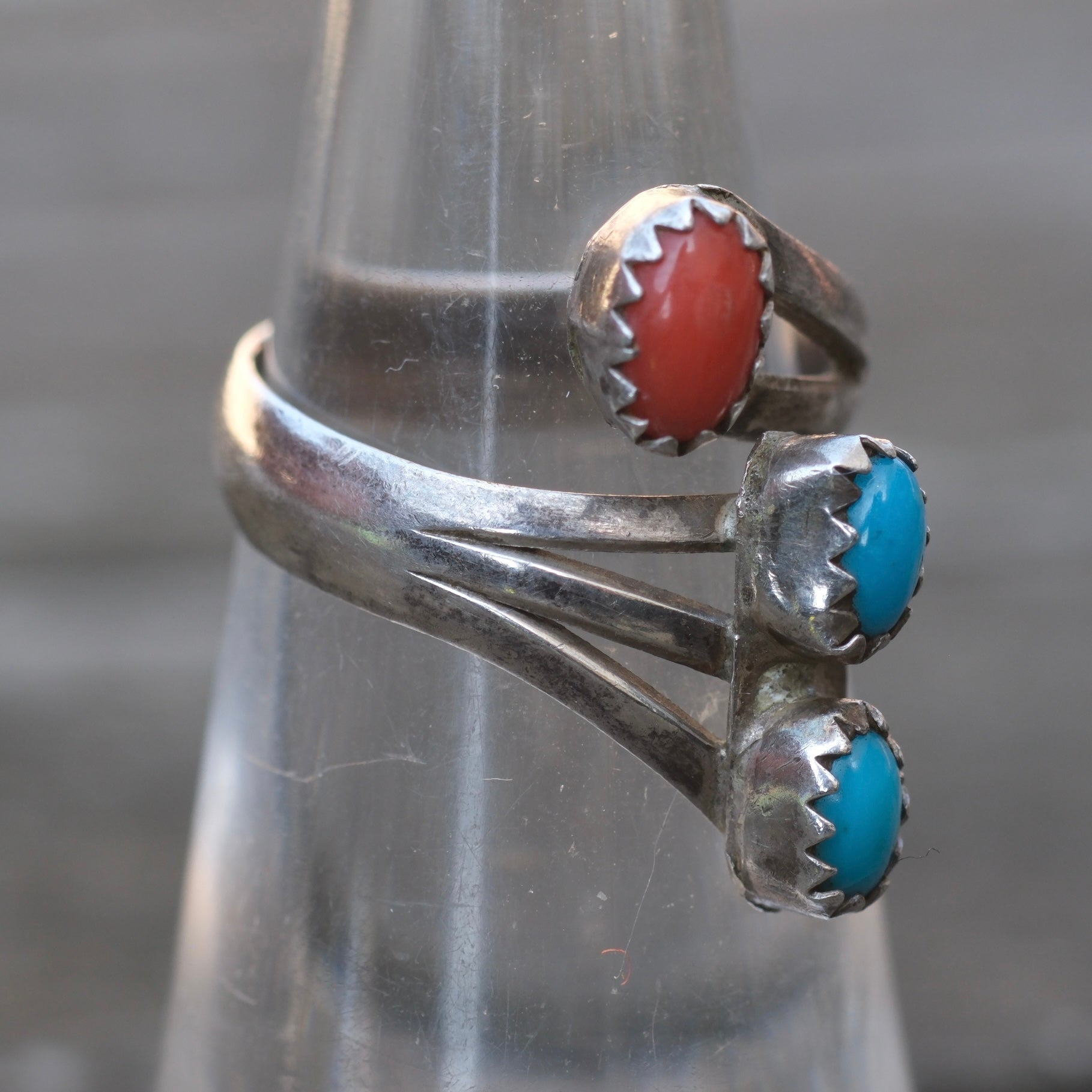 Vintage Sterling Turquoise and Coral Ring 4.5
