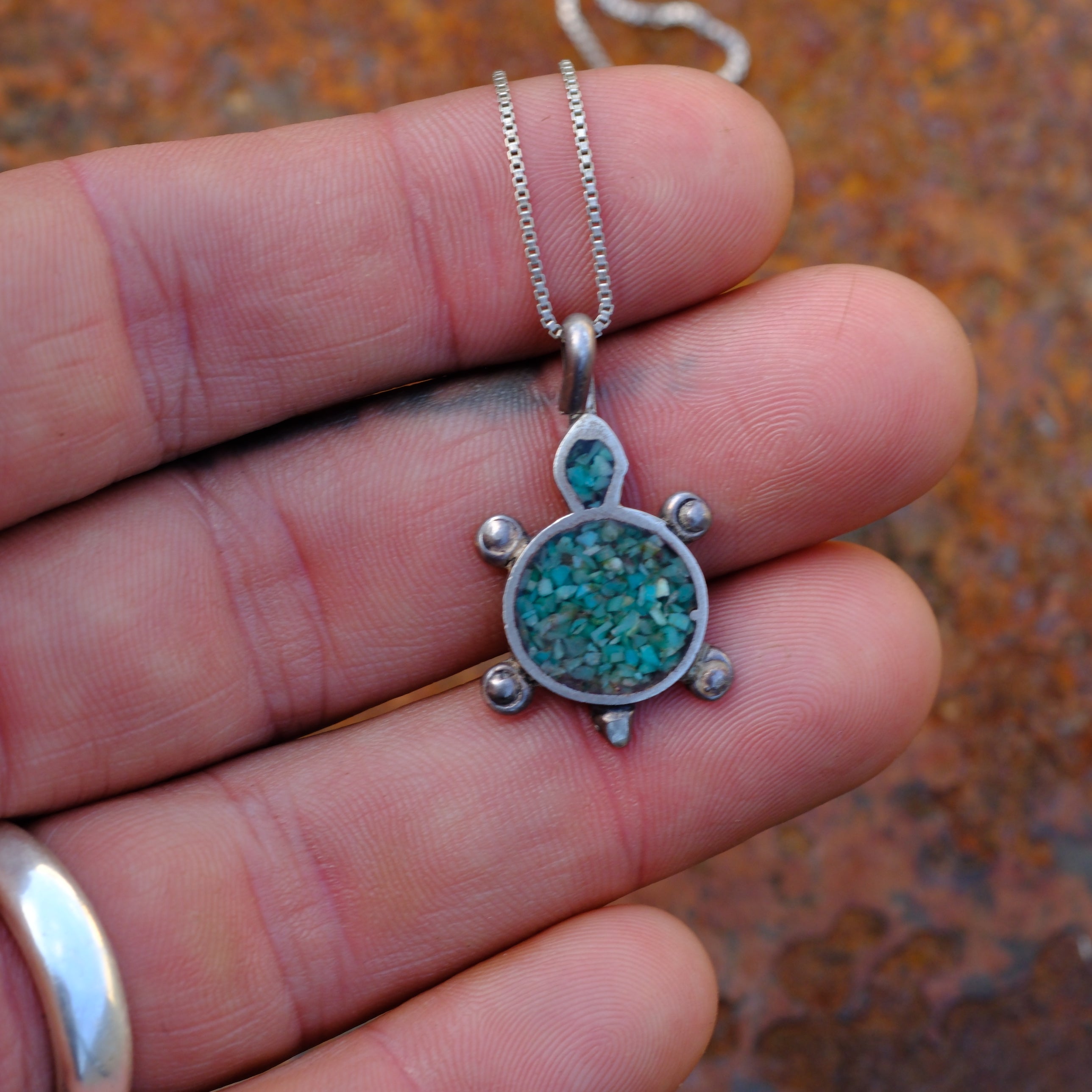 Vintage Sterling Silver Crushed Turquoise Inlay Turtle Ncklace