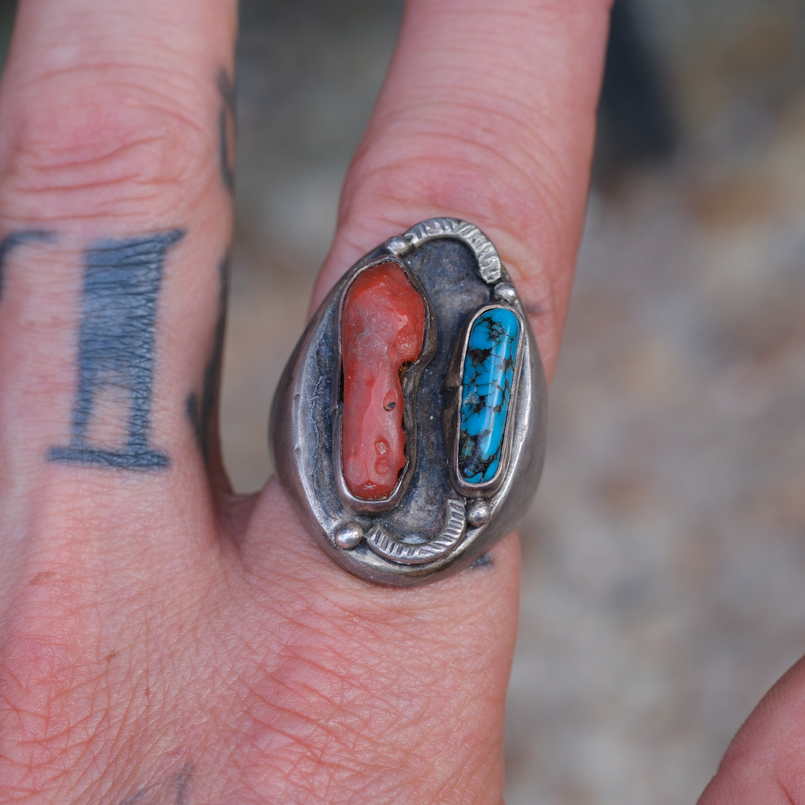 Vintage Sterling Turquoise and Coral Ring 10