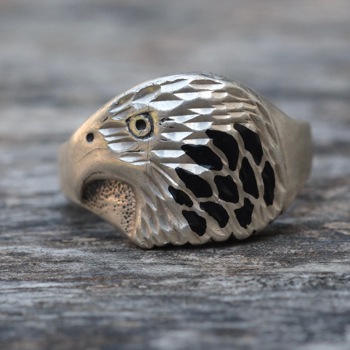 Vintage Sterling Onyx Inlya Eagle Ring 9.25
