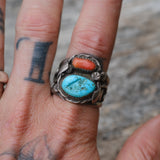 Vintage Sterling Turquoise and Coral Feather Ring 12